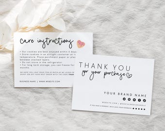 Minimal Cookie Care Card Template, Cake Instructions Card, Editable Thank You Card, Bakery Business Package Insert Card Printable - Betty