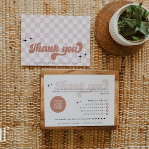 Retro Thank You Card Template, Editable Business Thank You Card, Customizable Package Insert Card, Groovy Checkered Thank You Card Canva