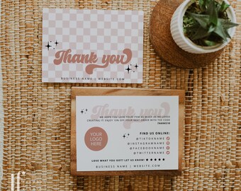 Retro Thank You Card Template, Editable Business Thank You Card, Customizable Package Insert Card, Groovy Checkered Thank You Card Canva