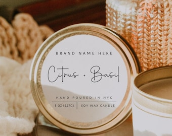 Round Candle Label Canva Template, DIY Minimal Customizable Circle Candle Tin Branding - Blair