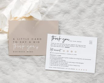 May include: Two rectangular business thank you cards. The left card is beige with black text reading A LITTLE CARD TO SAY A BIG THANK YOU and BUSINESS NAME. The right card is white with black text including THANK YOU FOR YOUR ORDER, product care instructions, and social media icons.