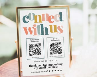 Rainbow Social Media Sign Canva Template, QR Code Connect With Us Sign - Nova