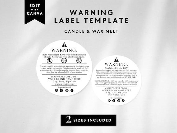 Candle & Wax Melt Warning Label Template DIGITAL DOWNLOAD Editable CANVA  Template Design 2 Circle Template 