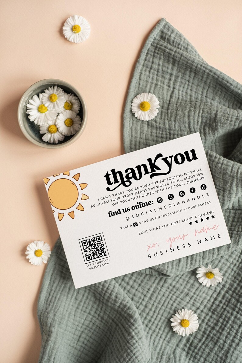 Retro Daisy Thank You Card Canva Template, Editable Business Package ...