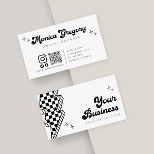 Black White Business Card Canva Template, Printable Business Card Design, QR Code Business Card, Bold Retro Business Card, Trendy Lightning
