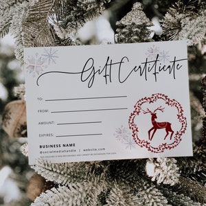 Modelo de certificado de presente de feriado, voucher de presente para impressão DIY, cartão de presente editável de Natal, certificado de presente de salão de spa, modelo Canva
