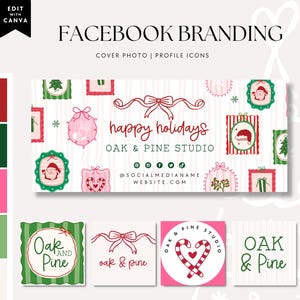 May include: Festive Facebook branding design with a holiday theme. The design includes a cover photo and profile icons with the text "happy holidays" and "Oak & Pine Studio". The colour palette features red, green, and pink.
