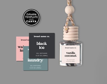 Puede incluir: Un frasco difusor de aceite de vidrio colgante con tapa y cordón de madera clara, con una etiqueta que dice vanilla coconut oil diffuser 0.33 oz. (10ml). Incluye tres etiquetas cuadradas con los textos black ice, laundry y water lemon.