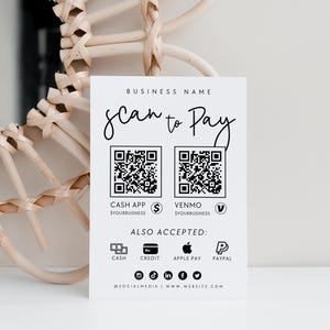 Cute Printable Payment Sign, 2 QR Code Sign Template, Scan to Pay Sign, Accepted Payments CashApp Paypal Sign Customizable QR Code - Betty