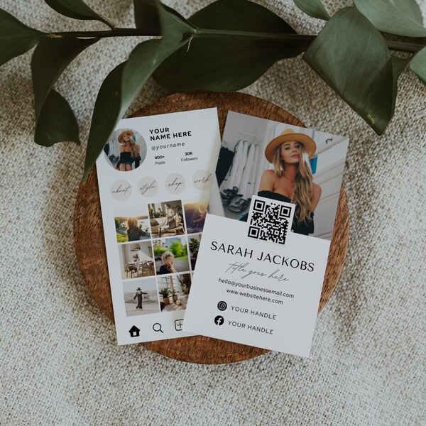 Instagram Style Business Card Template Canva, QR Code Printable Business Card Template, DIY Editable Social Media Card with Photos QR Code