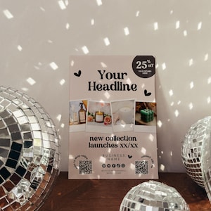 Op de afbeelding: Een promotieflyer met de kop "Your Headline" en de tekst "new collection launches XX/XX". De flyer bevat productafbeeldingen en 25% korting. Discolampen staan op de voorgrond.
