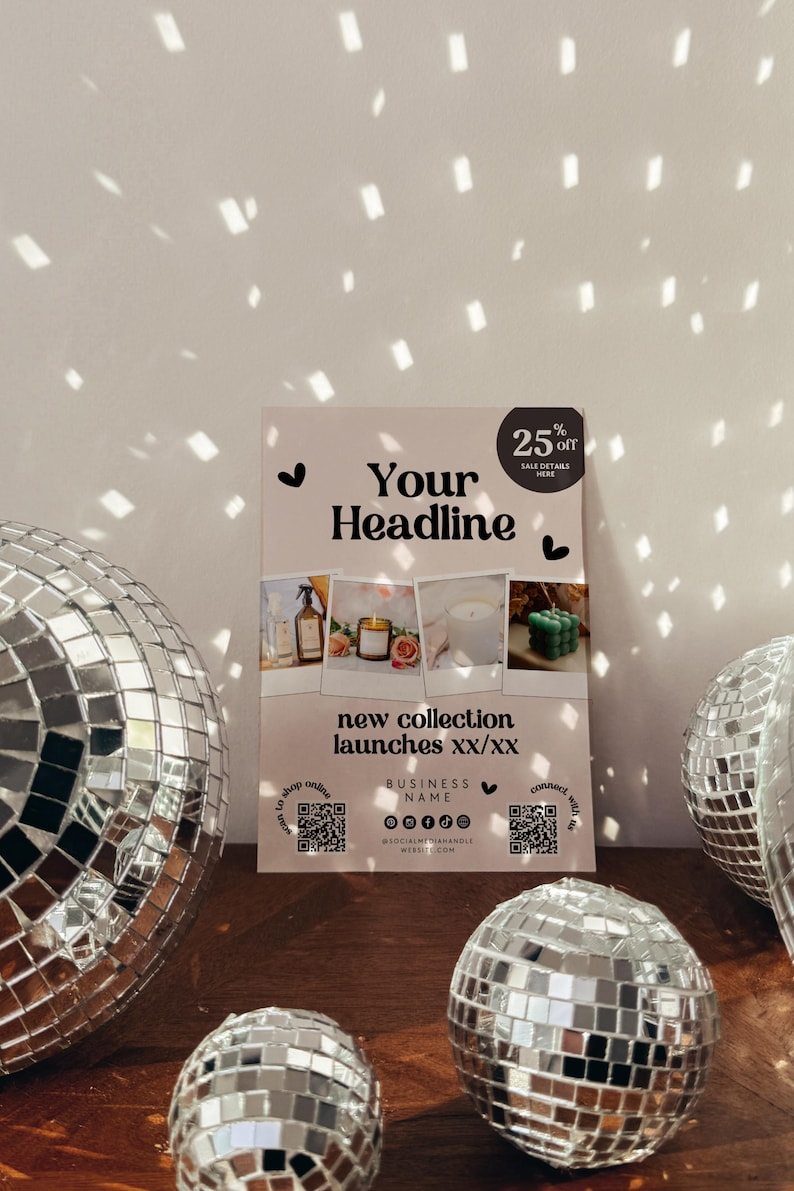 Op de afbeelding: Een promotieflyer met de kop "Your Headline" en de tekst "new collection launches XX/XX". De flyer bevat productafbeeldingen en 25% korting. Discolampen staan op de voorgrond.