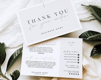 Candle Care Card Template Canva, Business Editable Thank You Card, Printable Candle Instructions Package Insert Card - Casey