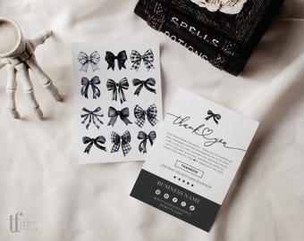 Coquette Black Bows Halloween Business Thank You Card Canva Template, Editable Goth Package Insert