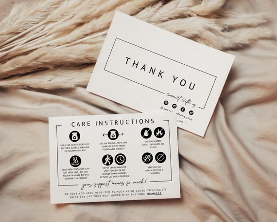 Modern Wickless Candle Care Card Template with Icons, Candle Instructions, Editable Thank You Card, Candle Business Package Insert - April
