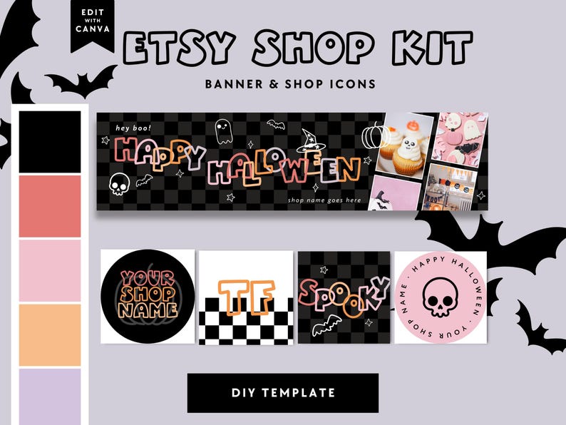Pastel Halloween Etsy Banner Canva Template, Etsy Store Branding Editable Halloween Shop Banner, 90s Etsy Store Cover Spooky Shop Branding image 1