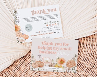 Retro Boho Business Thank You Card Canva Template, Editable Business Package Insert Mailer, Boho Peach Wildflower Thanks For Your Purchase