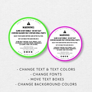 Round Slime Warning Label Template, Editable Slime Instructions Label ...