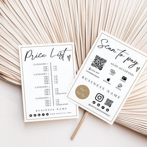 Printable Price List & Payment Sign, QR Code Sign Template, Editable Scan to Pay Sign, Accepted Payments Sign Canva, Instant Download - Evie