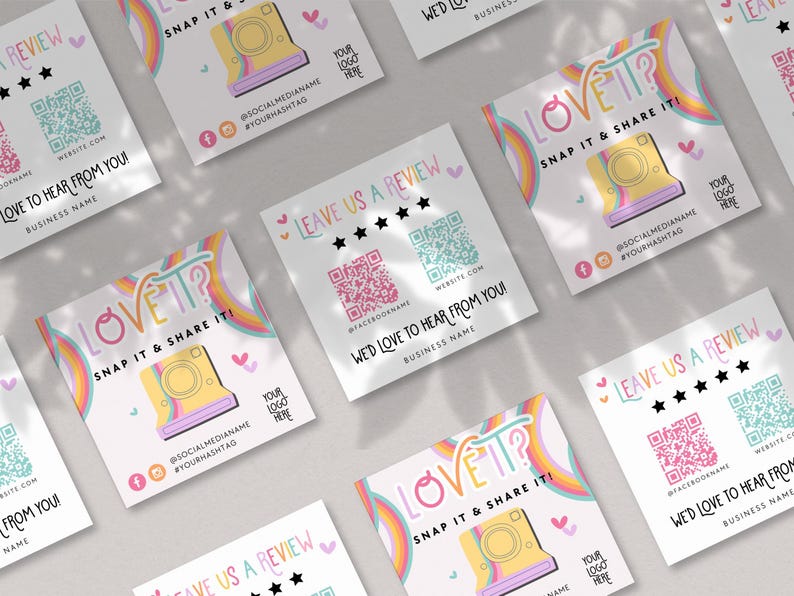 Pastel Rainbow Snap and Share Card Canva Template, QR Code Business Card, Follow Us On Social Media, Leave us a Review Card Template - Amara image 2