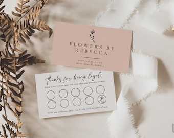 Plantilla de tarjeta de fidelización editable, tarjeta perforada floral para clientes, diseño de tarjeta de recompensas editable, tarjeta de descuento imprimible DIY, tarjeta de sellos para clientes