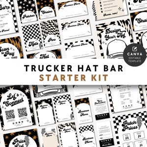 Trucker Hat Bar Starter Kit Canva Template, Editable Hat Bar Price List, Scan to Pay, Logo, Business Card, Display Cards, Place Cards - DC35