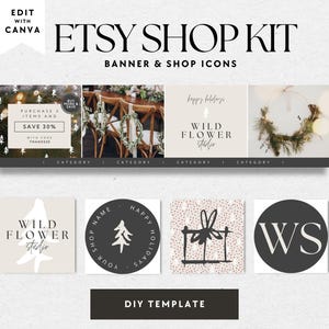 Neutral Christmas Etsy Shop Branding Kit, Holiday Etsy Banner Template, DIY Modern Boho Store Branding, Editable Seasonal Etsy Banner & Icon