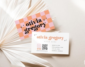 Retro Business Card Canva Template, Printable Groovy Business Card Design, QR Code Business Card, Scannable Card, DIY Editable Branding -Ace