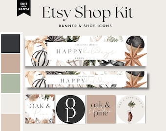 Boho Holiday Etsy Shop Kit Canva Template, Christmas Etsy Banner, Etsy Store Branding, Editable Etsy Store Banner, Hygge Cozy Neutral Banner