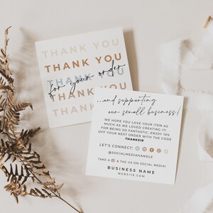 Editable Boho Business Thank You Card Template, Printable Square Thanks For Your Purchase Card, 3x3 Package Insert, Canva Thank You - Casey