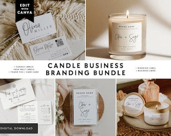 May include: A candle business branding bundle featuring business cards with the name Olivia Miller, a soy wax candle labeled Citrus + Sage, a thank you card, a wax melt package, and a gold tin candle with a matching label design.