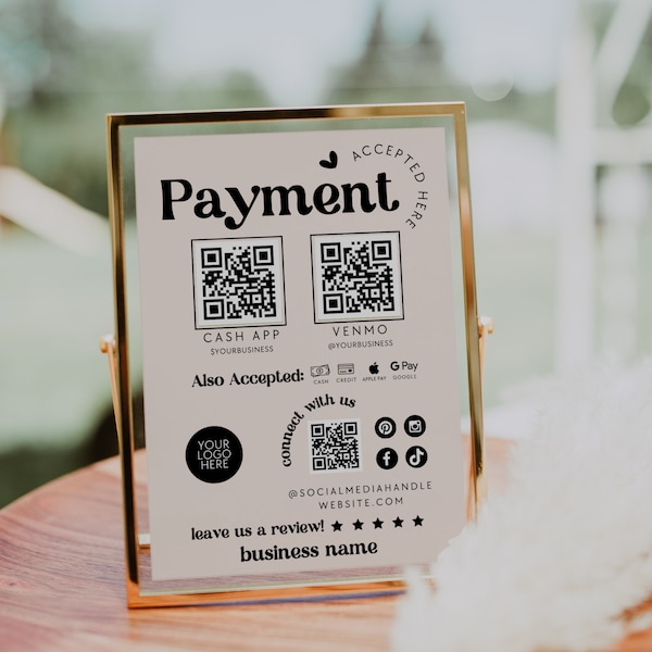 Retro Scan to Pay Sign Template Canva QR Code Printable Payment Sign, Accepted Payments Sign, CashApp Paypal Venmo, Connect with Us - Jace