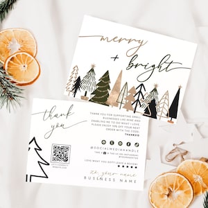 Boho Christmas Business Thank You Card Canva Template, QR Code Holiday Printable Thanks For Your Purchase Green & Gold Christmas Printable