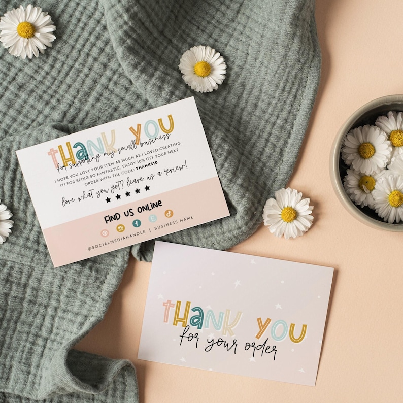Rainbow Business Thank You Card Canva Template, Printable Pastel Thanks For Your Purchase Cute Package Insert - Bea image 1