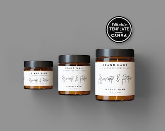 May include: Three amber glass jars with black lids and cream-colored labels. The labels feature the text BRAND NAME, ALL NATURAL INGREDIENTS, Rejuvenate & Restore, PRODUCT NAME, and 2 OZ. (60ML). A circular badge reads EDITABLE TEMPLATE CANVA.