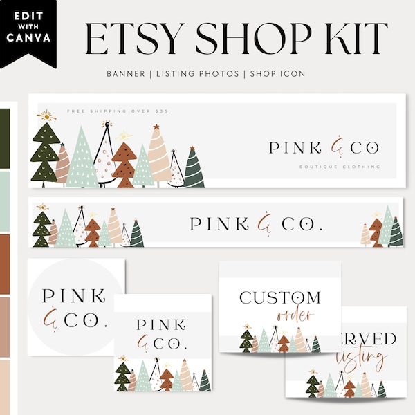 Holiday Etsy Shop Kit Canva Template, Boho Christmas Etsy Banner, Etsy Store Branding, Editable Etsy Store Banner,  Etsy Store Slider - Sage