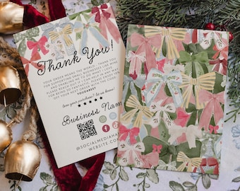 Coquette Bows Preppy Christmas Business Thank You Card Canva Template, Vintage Holiday Package Insert