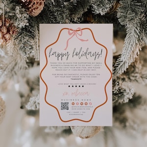 Whimsical Christmas Business Thank You Card Canva Template, Cute Holiday Printable Thanks For Purchase, Wavy Border Package Insert QR code