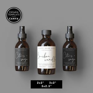 May include: Three brown glass spray bottles with black labels. The labels read "Citrus + Sage" and "Bourbon Vanilla". The bottles are labeled "Room Spray" and contain 8 oz / 236ml. The image also includes a black and white circle that says "Editable Template Canva".