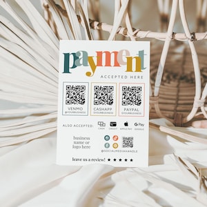 Boho Rainbow Scan to Pay Sign Template Canva, 3 QR Code Printable Payment Sign, Accepted Payments CashApp Paypal Venmo Printable Sign - Nova