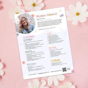 May include: A babysitter resume featuring a photo of a smiling woman, Monica Johnson. The resume highlights work history, skills, services, and availability. The design includes floral accents and a QR code for easy access to reviews.