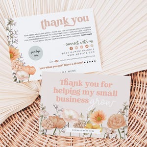 Retro Boho Business Thank You Card Canva Template, Editable Business Package Insert Mailer, Boho Peach Wildflower Thanks For Your Purchase