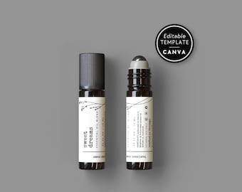 Pode incluir: Dois frascos de vidro âmbar com aplicador roll-on e tampas pretas. Os rótulos brancos trazem texto preto com Sweet Dreams, Essential Oil Blend, 0.34 fl oz, 10 ml e listas de ingredientes. Um selo preto circular indica Editable Template Canva.