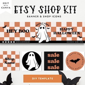 Retro Halloween Etsy Banner Canva Template, Etsy Store Branding Editable Halloween Shop Banner, Ghost Etsy Store Cover, Spooky Shop Branding