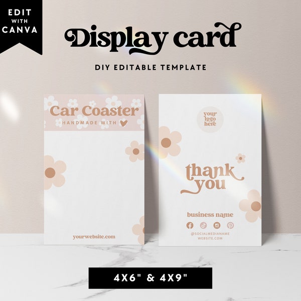 Editable Retro Daisy Coaster Backing Card Canva Template, Car Coaster Packaging Display Card, DIY Display Card, Rack Card Template - Dani