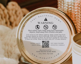 Candle Warning Label Template With Scent Name, Digital Download, Editable Label Template Design, 2" Round Candle Safety DIY Label