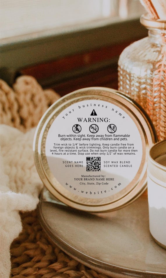 Candle Warning Label Template With Scent Name, Digital Download, Editable Label Template Design, 2" Round Candle Safety DIY Label