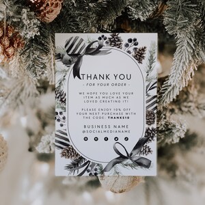 Black & White Christmas Business Thank You Card Template, Holiday Printable Thanks For Your Purchase, Business Holiday Package Insert - Mara