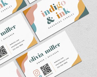 Boho Business Card Template QR Code, Rainbow Printable Business Card Template, DIY Calling Card, Small Business Branding, Canva - Arlo