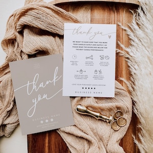 Neutral Candle Care Card Canva Template with Icons Editable Business Thank You Minimal Candle Business Package Insert Candle Warning - Cinna